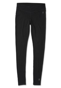 Black leggings made of stretchy material, featuring a wide waistband, flatlock seams, and a small multicolored logo near the hem.