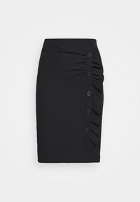 Černá tužková sukně vyrobená z hladkého materiálu, která má boční řasení a šest dekorativních knoflíků podél levého švu. Jednoduchý a těsný design.
