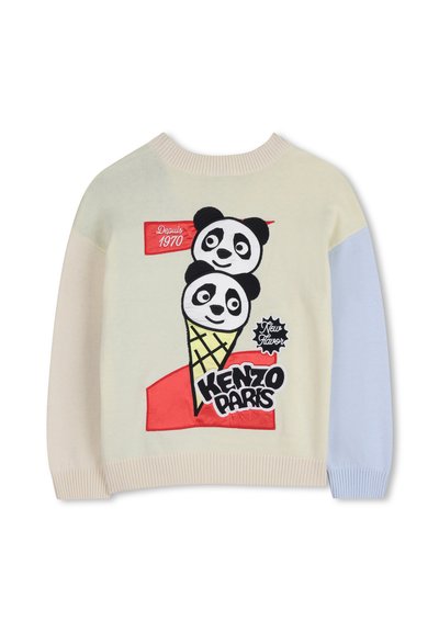 Jasnoszary sweter dzianinowy z dwoma grafikami pand na rożku lodów, logo „KENZO PARIS” oraz rękawami w kolorach niebieskim i beżowym.