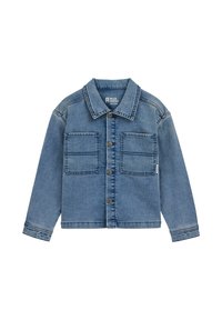 Džinsinė striukė vidutinio mėlynumo, su užsegimu priekyje, dviem krūtinės kišenėmis, reguliuojamais rankogaliais ir siuvinėjimo akcentais. Klasikinio tipo apykaklė.