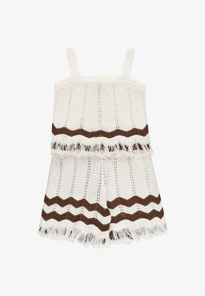 Tutina senza maniche in maglia crema e marrone con motivo a spina di pesce e rifiniture a frange sulla parte superiore e sui pantaloncini.