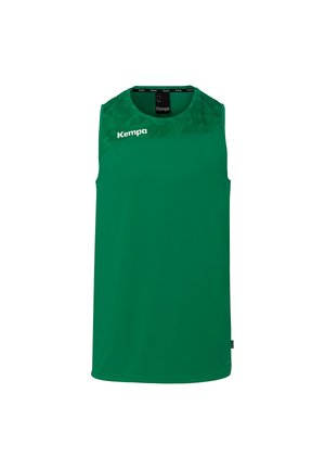 Green sleeveless sports jersey with geometric pattern on upper chest and "Kempa" logo in white on left side.