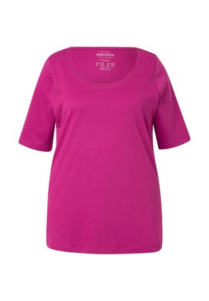 T-shirt z krótkim rękawem, dekoltem w serek w intensywnym fioletowym kolorze, wykonany z bawełny. Gładka tekstura, luźny krój i brak widocznych wzorów oraz zdobień.