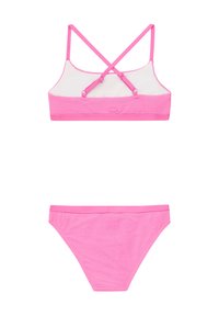 Set di bikini rosa con bralette testurizzato e spalline incrociate, abbinato a slip bikini a vita bassa. Tessuto liscio e elastico con bordi senza cuciture.