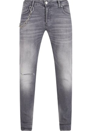 Grijze denim jeans met een slim fit, met een versleten knie, vervaagde wassing en een kettingaccent dat aan een riemlus is bevestigd.