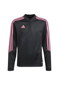 Černé sportovní tričko s dlouhým rukávem a růžovým logem Adidas, s třemi růžovými pruhy na každém rameni a rukávu, s půlzipem u límce.