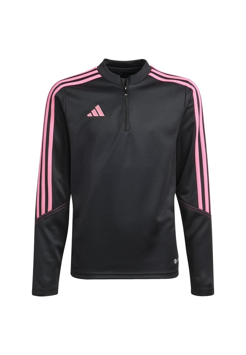 Černé sportovní tričko s dlouhým rukávem a růžovým logem Adidas, s třemi růžovými pruhy na každém rameni a rukávu, s půlzipem u límce.