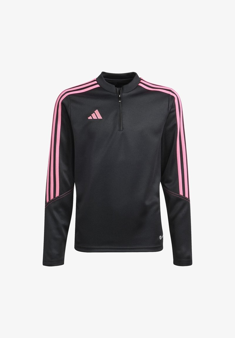 Černé sportovní tričko s dlouhým rukávem a růžovým logem Adidas, s třemi růžovými pruhy na každém rameni a rukávu, s půlzipem u límce.