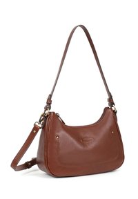 Borsa a spalla in pelle marrone con forma curva, tracolla singola e dettagli di cucitura discreti. Presenta accessori in metallo color oro.