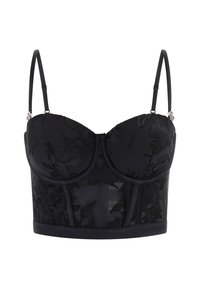Musta bustier kukkakuvioisella pitsillä, rakenteelliset kupit, säädettävät hihnat ja teksturoitu, läpinäkyvä kangas. Sisältää elastisen helman.