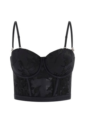 Black bustier with floral lace overlay, structured cups, adjustable straps, and a textured, sheer fabric. Features an elastic hem.