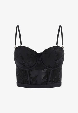 Schwarzer Bustier mit floraler Spitze, gepolsterten Cups, verstellbaren Trägern und einem strukturierten, transparenten Stoff. Mit elastischem Saum.