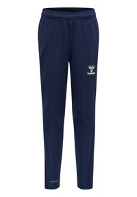 Navy blå träningsoverallbyxor i lätt tyg, med ett elastiskt midjeband, slim fit, och meshdetaljer för andningsförmåga, logotyp framtill.