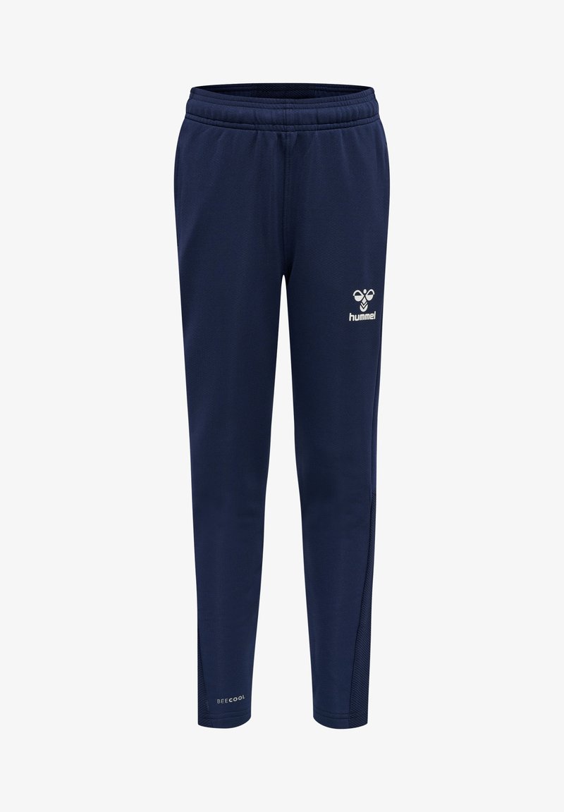 Navy blå träningsoverallbyxor i lätt tyg, med ett elastiskt midjeband, slim fit, och meshdetaljer för andningsförmåga, logotyp framtill.