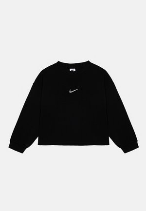 T-shirt noir à manches longues avec col rond et petit logo Nike Swoosh blanc centré sur la poitrine.