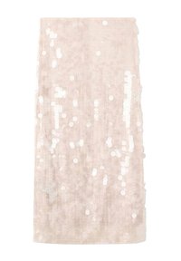 Jupe en sequins roses avec une silhouette ajustée. Présente une texture lisse et un éclat subtil, ornée de sequins circulaires réfléchissants dispersés.