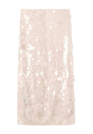 Jupe en sequins roses avec une silhouette ajustée. Présente une texture lisse et un éclat subtil, ornée de sequins circulaires réfléchissants dispersés.