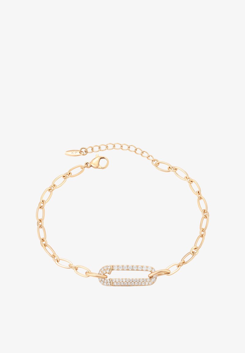 Arany fém karkötő, amely hosszúkás láncszemekből áll, középen egy ovális láncszem található, amelyet több átlátszó drágakő díszít, és biztonságos homárkapoccsal záródik.