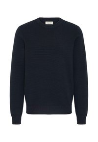 Mørkeblå strikket genser med rund hals, ribbestrikkede mansjetter og hem, med en myk tekstur og et enkelt, klassisk design.