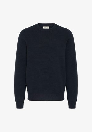 Mørkeblå strikket genser med rund hals, ribbestrikkede mansjetter og hem, med en myk tekstur og et enkelt, klassisk design.