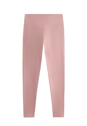 Leggings rosa con una texture liscia, vita alta e design aderente, caratterizzati da un colore uniforme senza motivi o accenti.