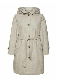 Abrigo de lana gris claro con capucha, cierres de botones, cintura ceñida con cinturón y dos bolsillos frontales. Presenta una textura suave y un diseño clásico.