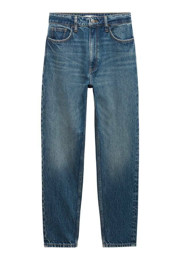 Hochtaillierte blaue Jeans mit geradem Bein, ausgestattet mit fünf Taschen, Nieten und einem leichten Verblassen.