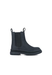 Botas Chelsea negras de cuero suave con paneles laterales elásticos, lengüetas para tirar y una suela de goma texturizada. Diseño de punta redonda.