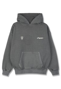 Šedá mikina s veľkým predným vreckom, elastickými manžetami a kapucňou so šnúrkou. Obsahuje biele texty "Pegador" a malé logo na hrudi.