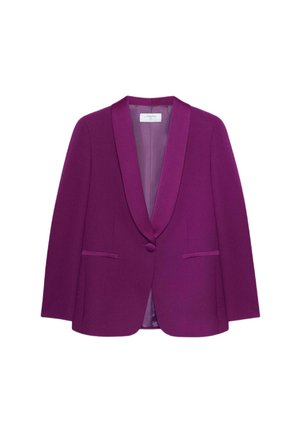 Paarse blazer met een sjaalkraag, enkele knoopsluiting en twee steekzakken aan de voorkant. Gemaakt van gladde stof met een getailleerde snit.