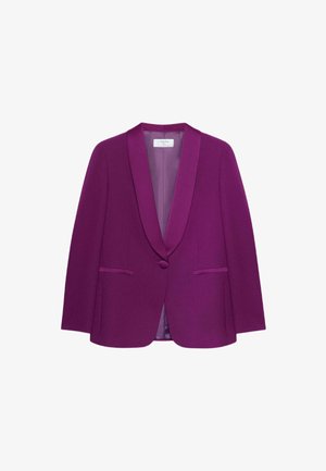 Paarse blazer met een sjaalkraag, enkele knoopsluiting en twee steekzakken aan de voorkant. Gemaakt van gladde stof met een getailleerde snit.