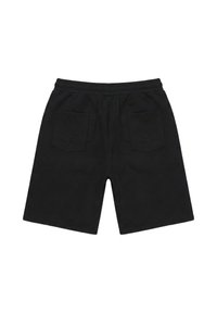 Shorts noirs mi-longs avec taille élastique et deux poches arrière présentant des motifs croisés cousus.