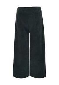 Wide-leg pants in dark green corduroy. Features a high elastic waistband and soft, textured surface. No visible pockets or embellishments.