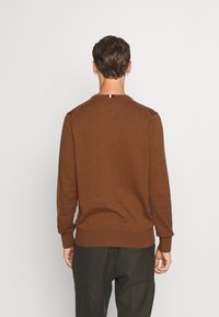 Maglione a maglia marrone con maniche lunghe, scollo a giro e orlo a coste. Presenta un piccolo accento rosso, bianco e blu sul colletto.