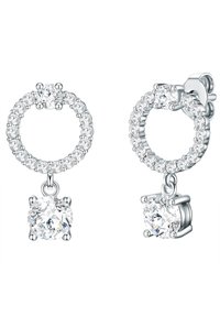 Sølv dråbeøreringe med cirkulære design, flere klare krystaller og en større rund sten hængende nederst.