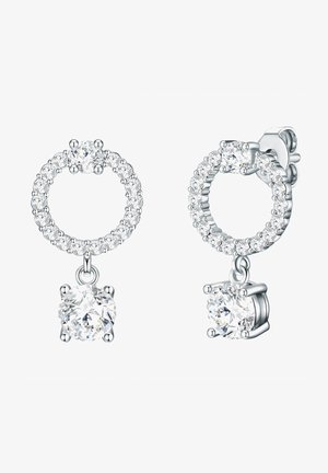 Sølv dråbeøreringe med cirkulære design, flere klare krystaller og en større rund sten hængende nederst.