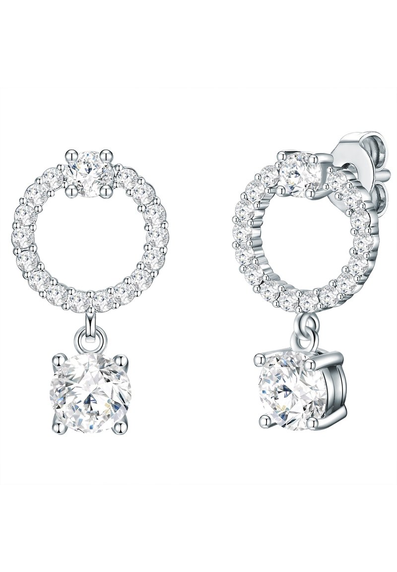 Sølv dråbeøreringe med cirkulære design, flere klare krystaller og en større rund sten hængende nederst.