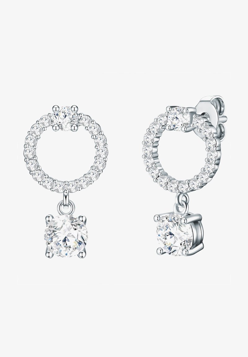 Sølv dråbeøreringe med cirkulære design, flere klare krystaller og en større rund sten hængende nederst.