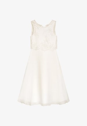 Weißes Kleid mit einem enganliegenden Spitzenoberteil mit floraler Stickerei. Ärmelloses Design, ausgestellter Rock und glatte, leichte Stoffstruktur.