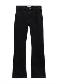 Mustat farkut, joissa on leveät lahkeet ja keski-korkealla vyötäröllä, kahdella etutaskulla ja raidoilla hapsutuksen yksityiskohdalla nilkoissa. Takapuoli on yksinkertainen ilman koristeita.