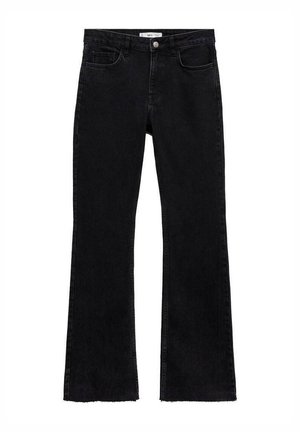 Schwarze Jeans mit weitem Bein aus Denim, mittlerer Bundhöhe, zwei vorderen Taschen und rohem Saumdetails an den Knöcheln. Schlichte Rückseite ohne Verzierungen.