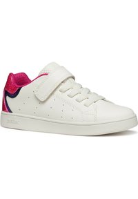 Weiße Sneaker mit einem glatten Lederoberteil, rosa Glitzerakzenten und einem Einsätz aus Mesh. Verfügt über einen Klettverschluss und perforierte Details für Atmungsaktivität.