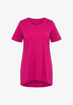 Helles pinkes T-Shirt mit kurzen Ärmeln, Rundhalsausschnitt und leicht längerem Rückensaum, auf weißem Hintergrund angezeigt.