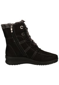 Bottine en suedine noire avec col en fausse fourrure, fermeture éclair sur le côté, lacets et semelle en caoutchouc texturé. Présente des accents de couture pour un détail de design.