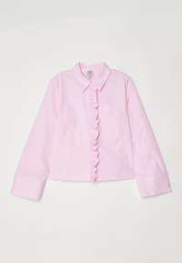 Pink long-sleeve shirt with a collared neckline, featuring a ruffled front placket and a single chest pocket. Made of cotton.