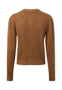 Brown knitted sweater with long sleeves, a round neckline, and a textured finish. The design features a cropped length and ribbed hem.