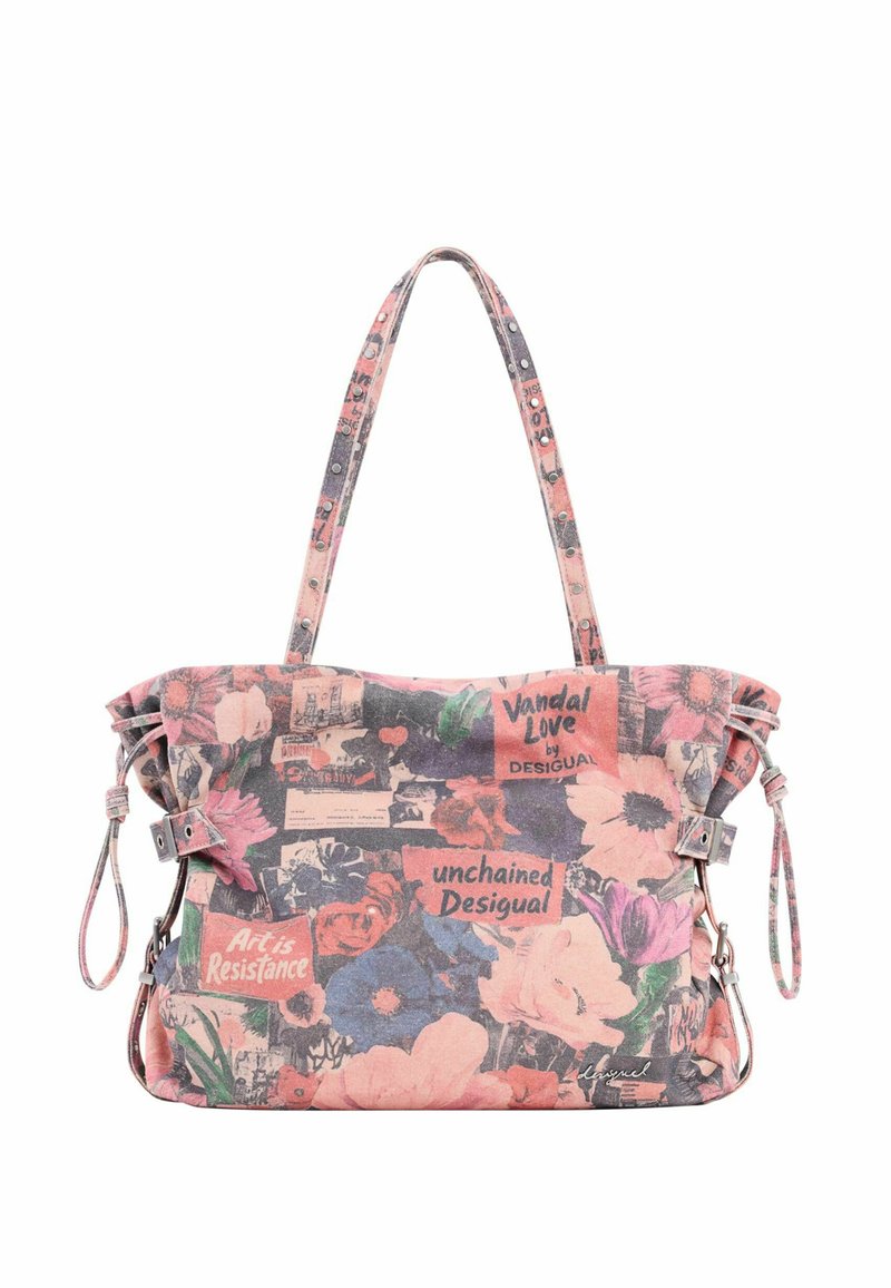 Sac à main imprimé floral rose et bleu avec bretelles latérales ajustables et deux poignées d'épaule, orné de patchs texte incluant "Vandal Love" et "Art is Resistance."