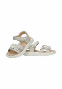 Sandales pour enfants gris clair avec des brides ajustables, des semelles blanches et des décorations florales pastel sur les brides avant.