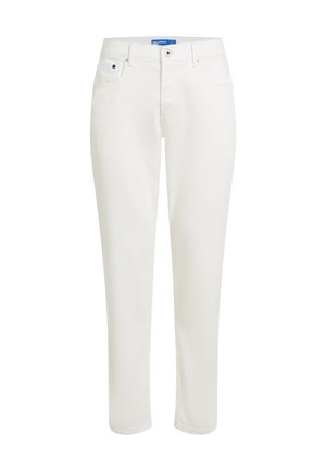 Jean blanc droit avec poches avant, passants pour ceinture et fermeture par bouton, présenté sur un fond blanc.