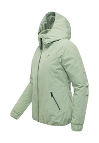 Light green hooded jacket with front zipper, zippered side pocket, elastic cuffs, and subtle logo on chest, displayed on mannequin.